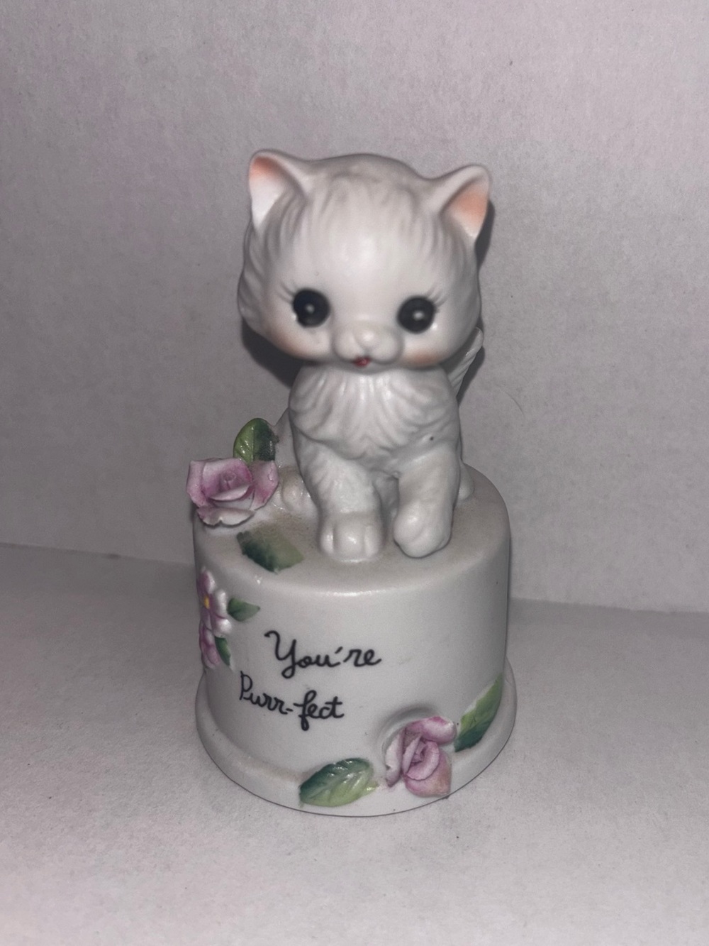 White Ceramic Kitten Figurine with Pink Rose Accent